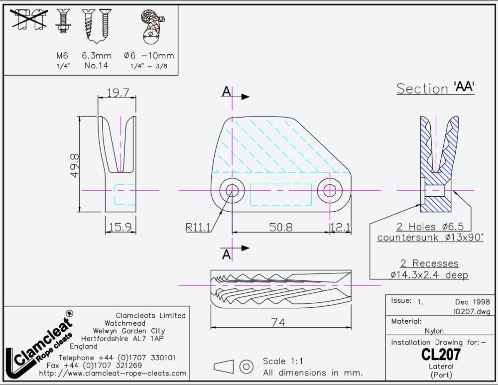 Clamcleat Liggande Cleat Nylon, Styrbord